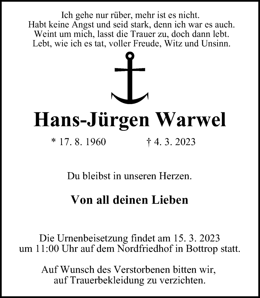  Traueranzeige für Hans-Jürgen Warwel vom 11.03.2023 aus WVW Anzeigenblätter