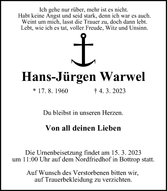 Traueranzeige von Hans-Jürgen Warwel von WVW Anzeigenblätter