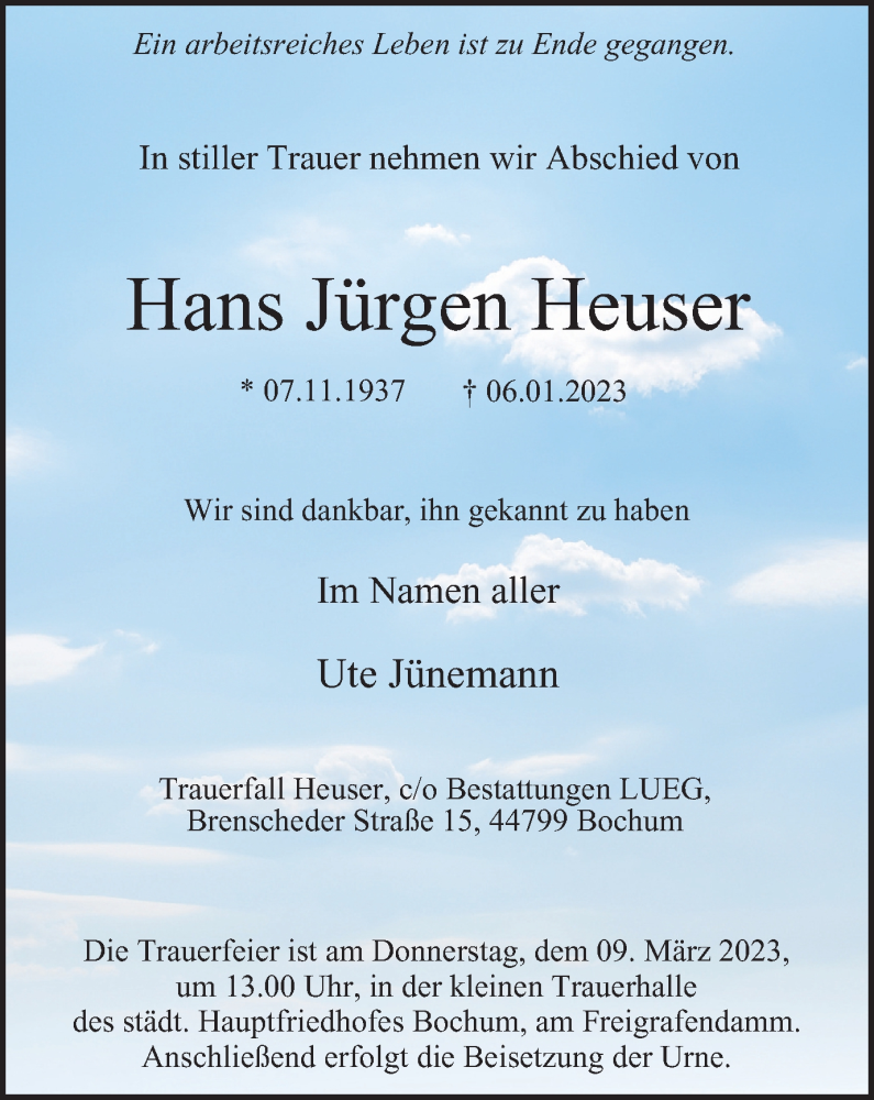  Traueranzeige für Hans Jürgen Heuser vom 04.03.2023 aus WVW Anzeigenblätter