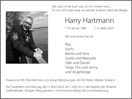 Traueranzeige von Harry Hartmann von WVW Anzeigenblätter