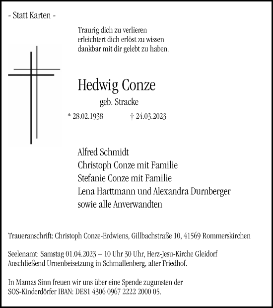 Traueranzeige von Hedwig Conze von Tageszeitung