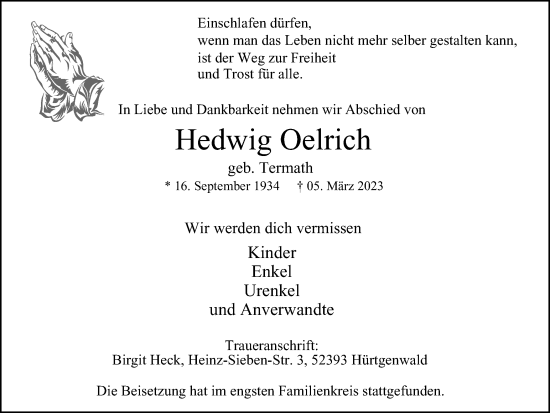 Traueranzeige von Hedwig Oelrich von WVW Anzeigenblätter