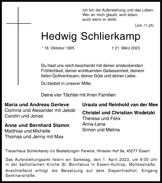 Traueranzeige von Hedwig Schlierkamp von Tageszeitung