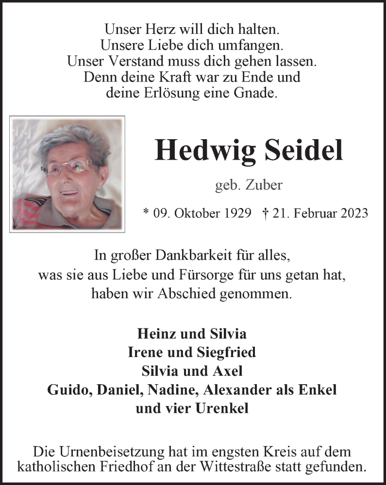 Traueranzeige für Hedwig Seidel vom 18.03.2023 aus WVW Anzeigenblätter