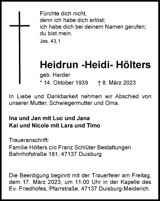 Traueranzeige von Heidrun Hölters von Tageszeitung