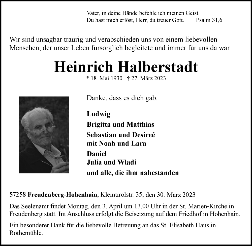  Traueranzeige für Heinrich Halberstadt vom 30.03.2023 aus Tageszeitung