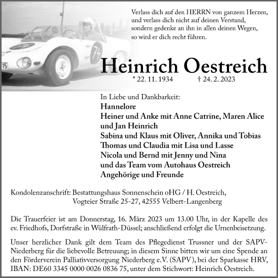 Traueranzeige von Heinrich Oestreich von WVW Anzeigenblätter