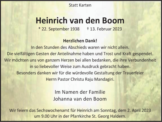 Traueranzeige von Heinrich van den Boom von Tageszeitung
