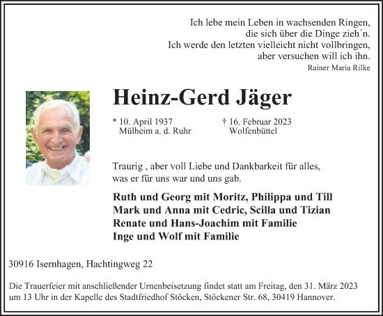Traueranzeige von Heinz-Gerd Jäger von Tageszeitung