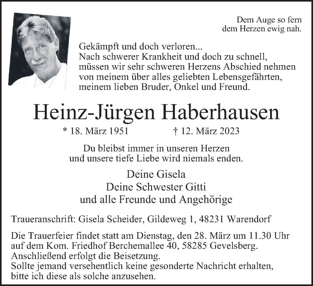  Traueranzeige für Heinz-Jürgen Haberhausen vom 18.03.2023 aus Tageszeitung
