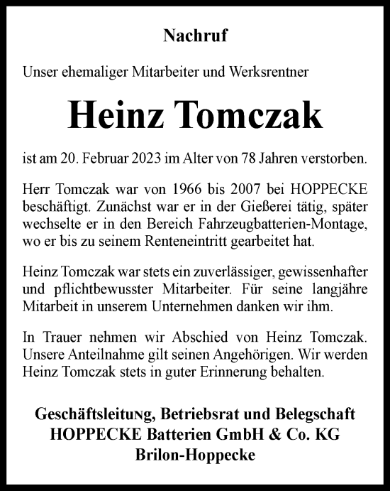 Traueranzeige von Heinz Tomczak von Tageszeitung