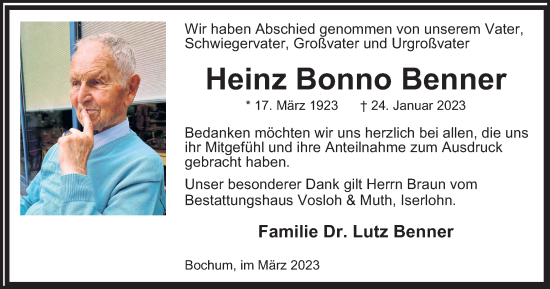Traueranzeige von Heinz Bonno Benner von Tageszeitung