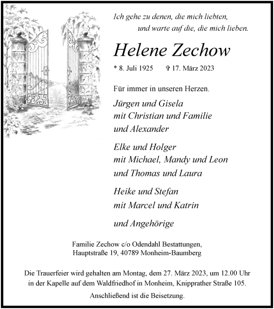 Traueranzeige von Helene Zechow von WVW Anzeigenblätter