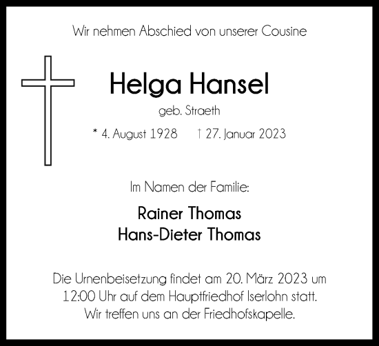 Traueranzeige von Helga Hansel von Tageszeitung
