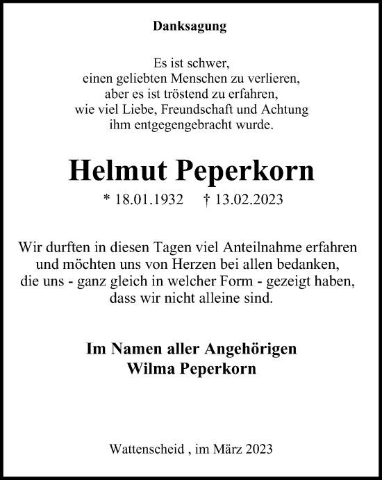 Traueranzeige von Helmut Peperkorn von Tageszeitung