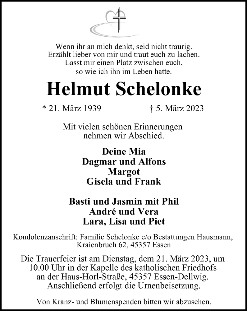  Traueranzeige für Helmut Schelonke vom 18.03.2023 aus Tageszeitung