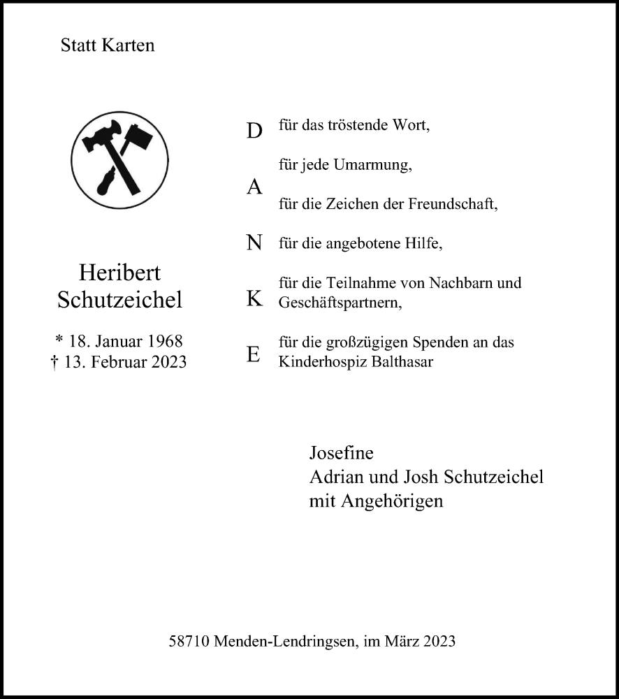  Traueranzeige für Heribert Schutzeichel vom 18.03.2023 aus Tageszeitung