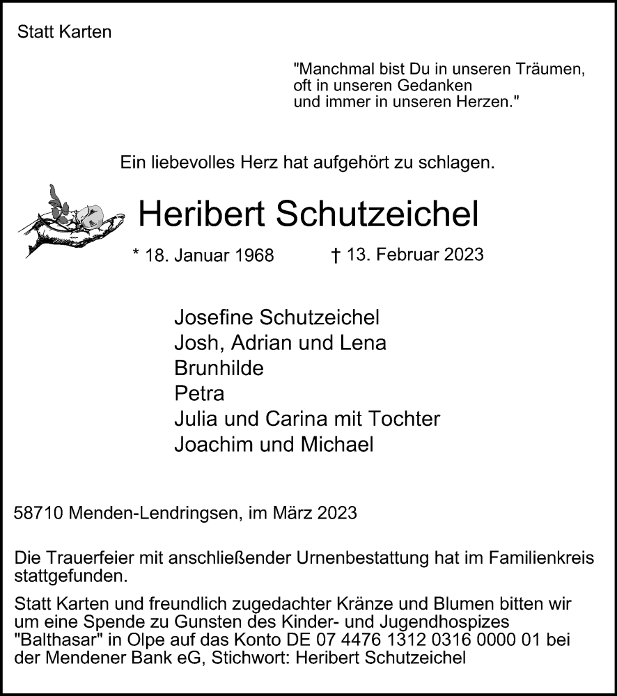  Traueranzeige für Heribert Schutzeichel vom 01.03.2023 aus Tageszeitung