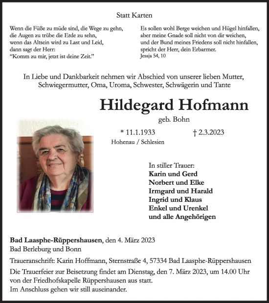 Traueranzeige von Hildegard Hofmann von Tageszeitung