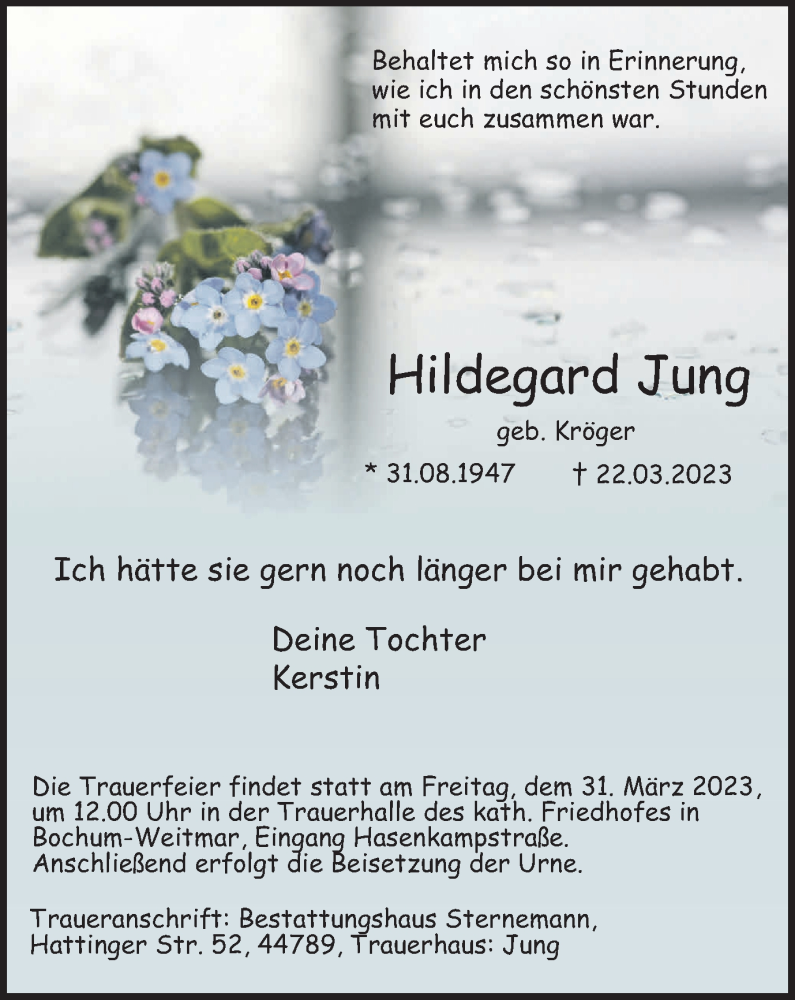  Traueranzeige für Hildegard Jung vom 25.03.2023 aus Tageszeitung
