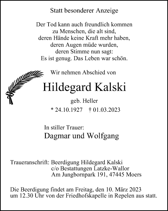 Traueranzeige von Hildegard Kalski von Tageszeitung