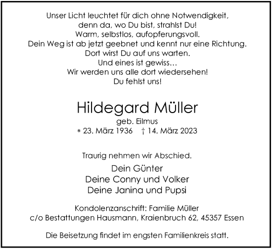 Traueranzeige von Hildegard Müller von Tageszeitung