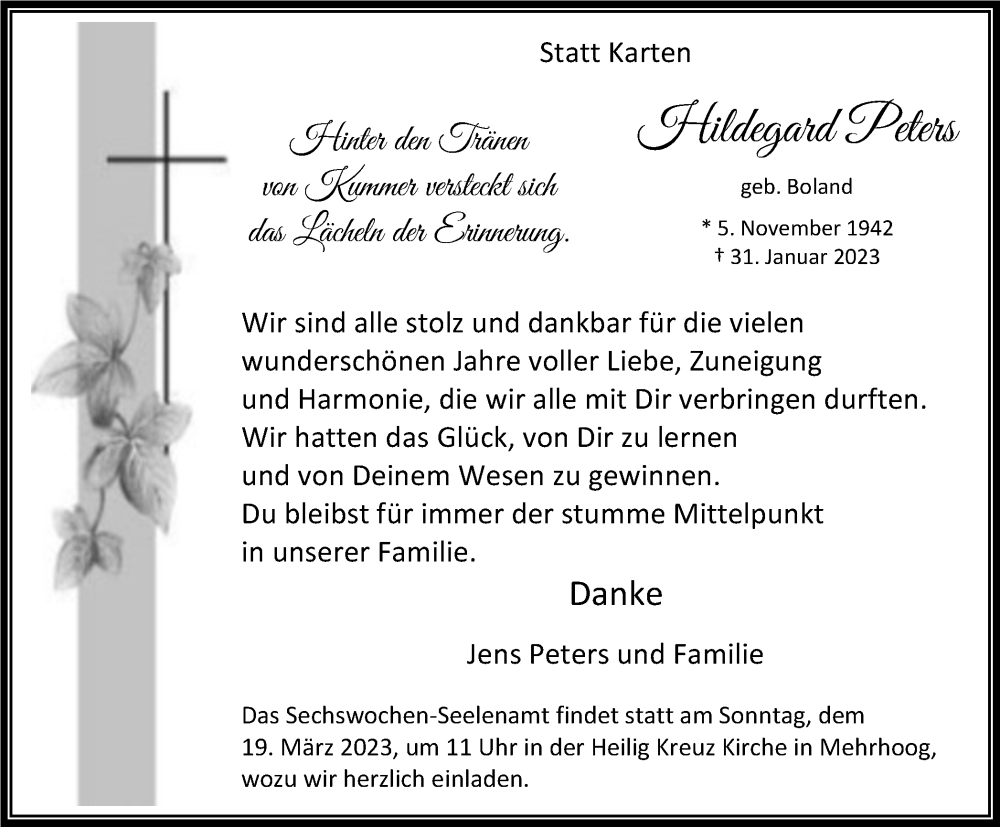  Traueranzeige für Hildegard Peters vom 11.03.2023 aus WVW Anzeigenblätter