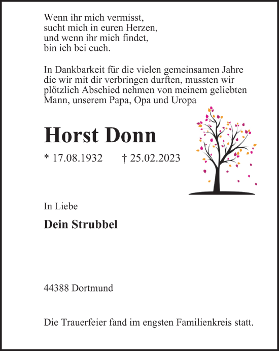 Traueranzeige von Horst Donn von Tageszeitung