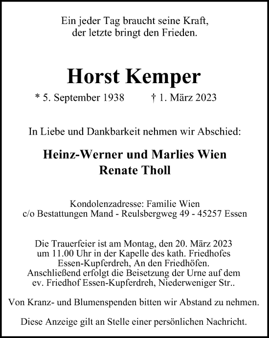 Traueranzeige von Horst Kemper von WVW Anzeigenblätter