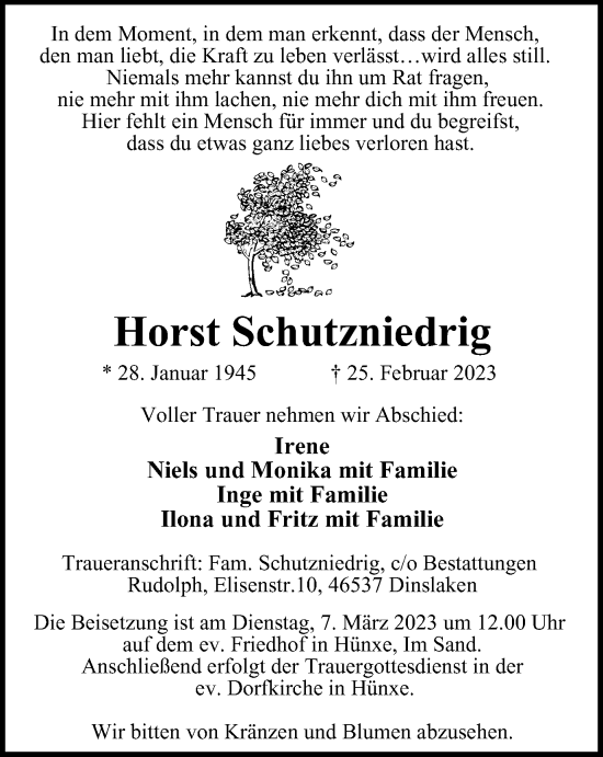Traueranzeige von Horst Schutzniedrig von Tageszeitung
