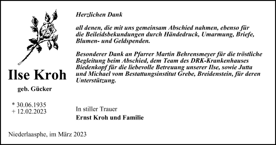 Traueranzeige von Ilse Kroh von Tageszeitung