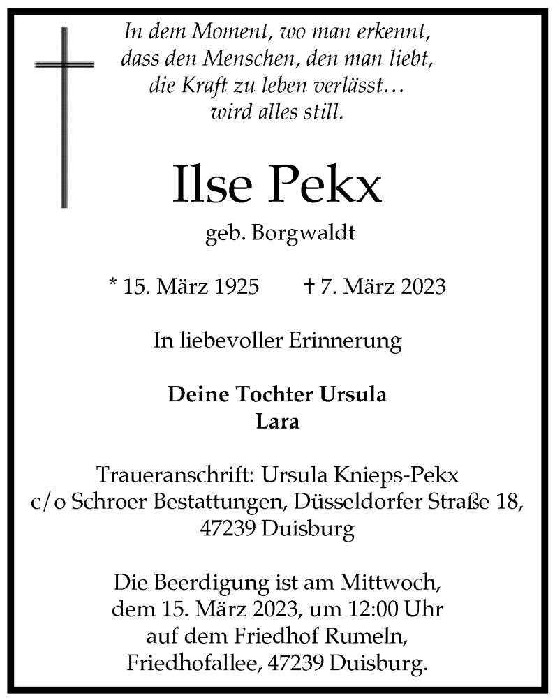  Traueranzeige für Ilse Pekx vom 11.03.2023 aus Tageszeitung