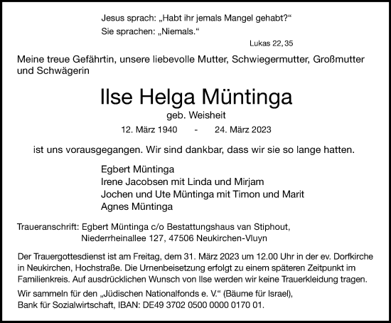 Traueranzeige von Ilse Helga Müntinga von Tageszeitung