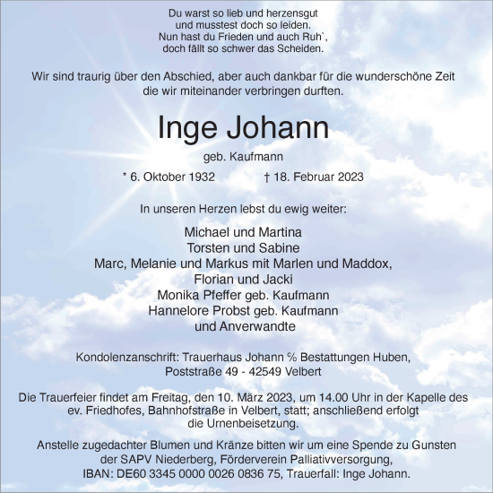 Traueranzeige von Inge Johann von WVW Anzeigenblätter