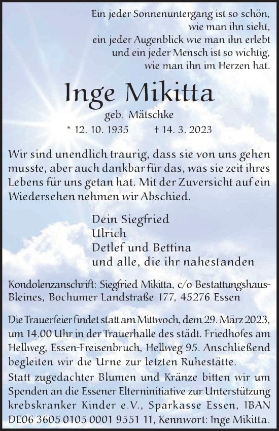 Traueranzeige von Inge Mikitta von Tageszeitung