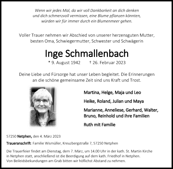 Traueranzeige von Inge Schmallenbach von Tageszeitung