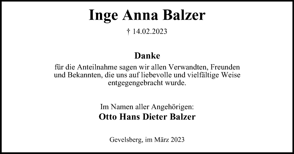  Traueranzeige für Inge Anna Balzer vom 25.03.2023 aus Tageszeitung