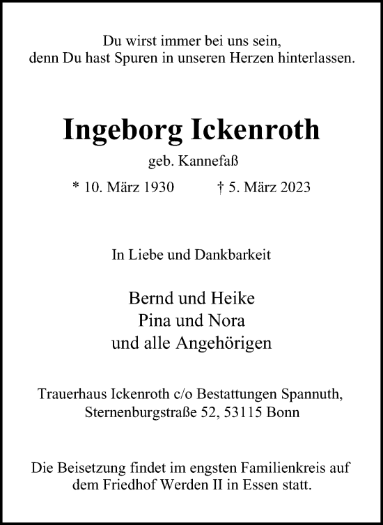 Traueranzeige von Ingeborg Ickenroth von Tageszeitung