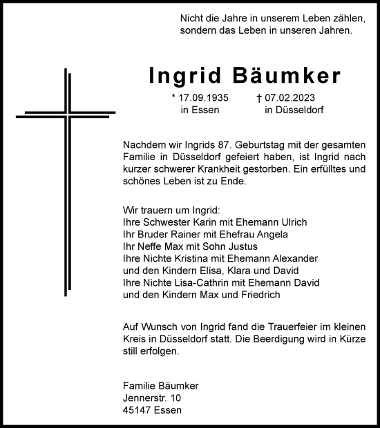 Traueranzeige von Ingrid Bäumker von Tageszeitung