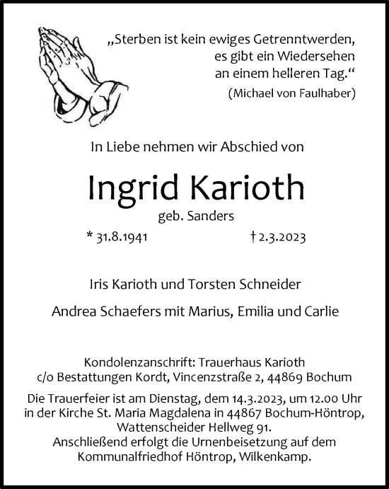 Traueranzeige von Ingrid Karioth von Tageszeitung