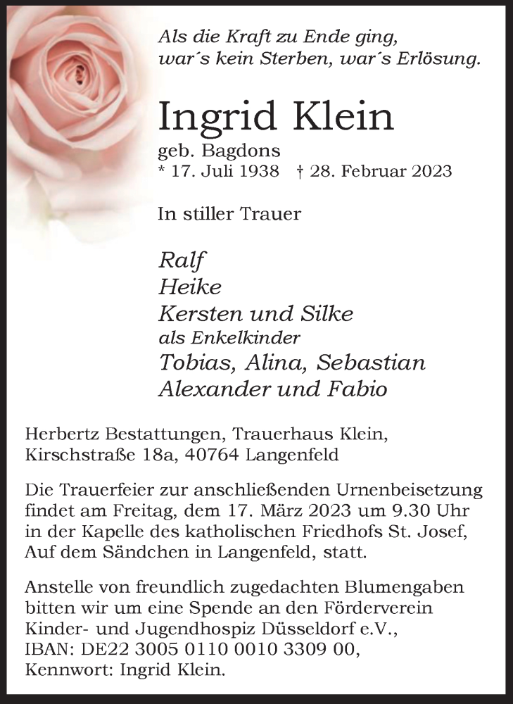  Traueranzeige für Ingrid Klein vom 11.03.2023 aus WVW Anzeigenblätter