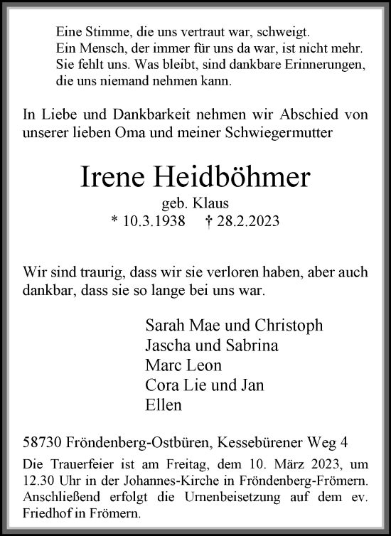 Traueranzeige von Irene Heidböhmer von WVW Anzeigenblätter