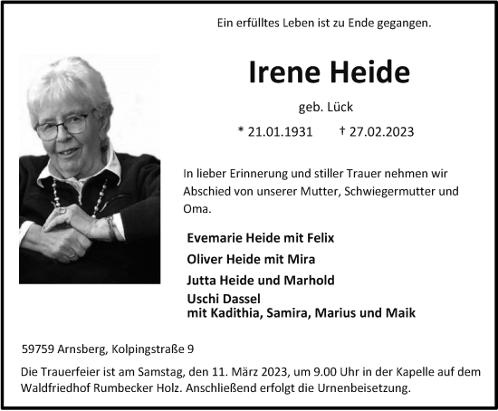 Traueranzeige von Irene Heide von Tageszeitung