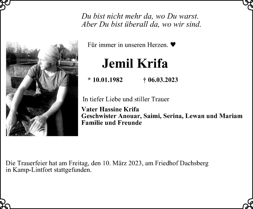  Traueranzeige für Jemil Krifa vom 11.03.2023 aus WVW Anzeigenblätter