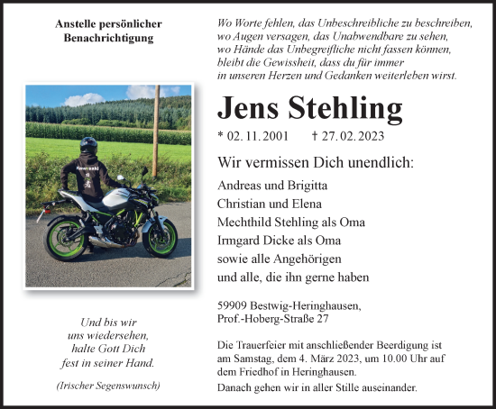 Traueranzeige von Jens Stehling von Tageszeitung