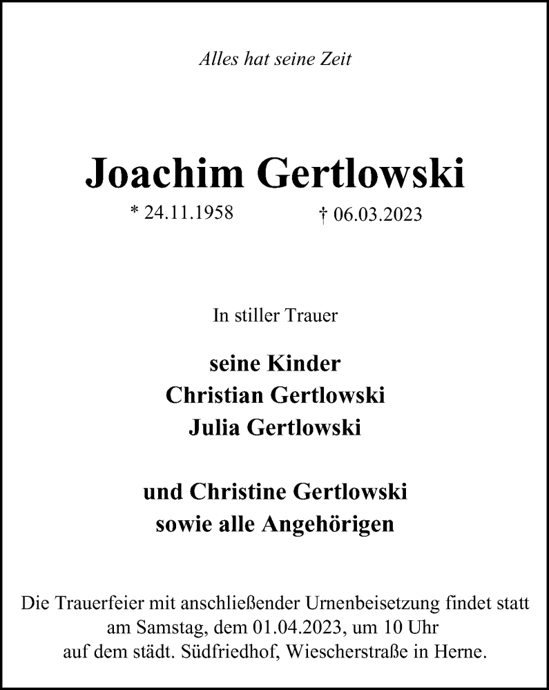  Traueranzeige für Joachim Gertlowski vom 25.03.2023 aus Tageszeitung