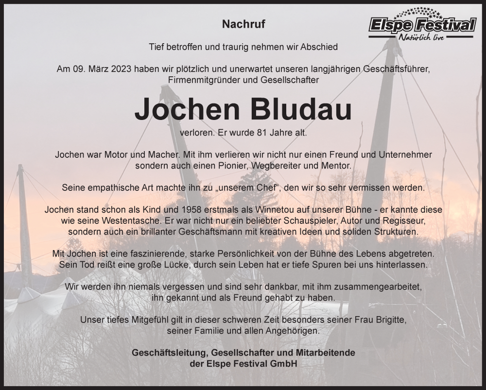  Traueranzeige für Jochen Bludau vom 18.03.2023 aus Tageszeitung