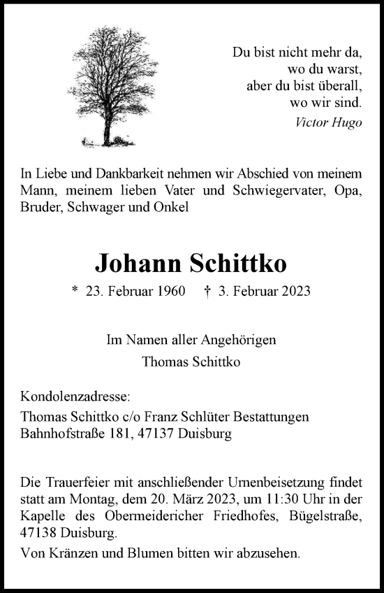 Traueranzeige von Johann Schittko von Tageszeitung