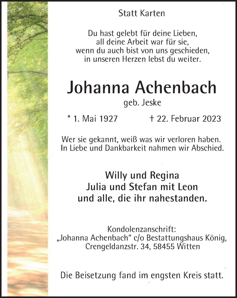  Traueranzeige für Johanna Achenbach vom 18.03.2023 aus WVW Anzeigenblätter