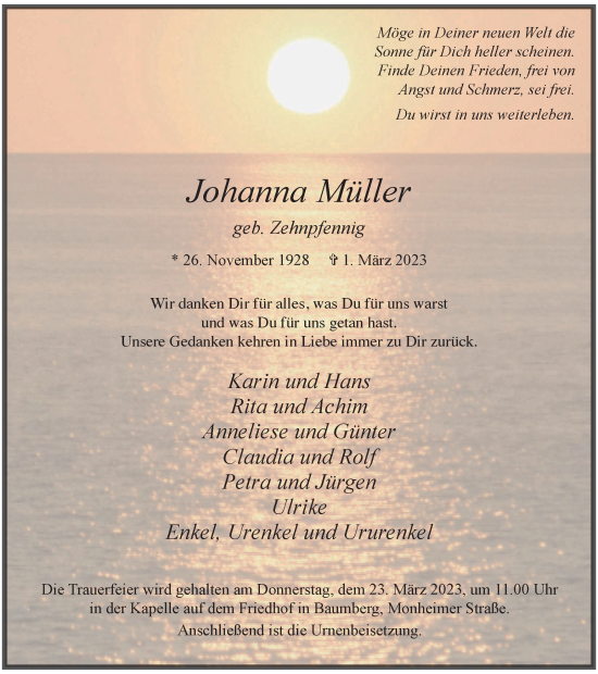 Traueranzeige von Johanna Müller von WVW Anzeigenblätter